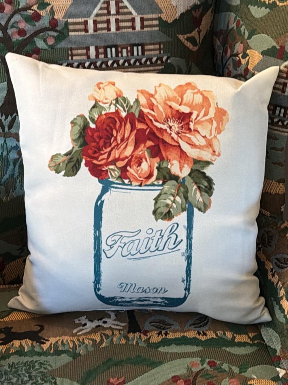 Faith Mason Floral Throw Pillow - White with Orange Roses